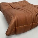 French Togo ottoman in cognac neck leather attributed to Michel Ducaroy for Ligne Roset