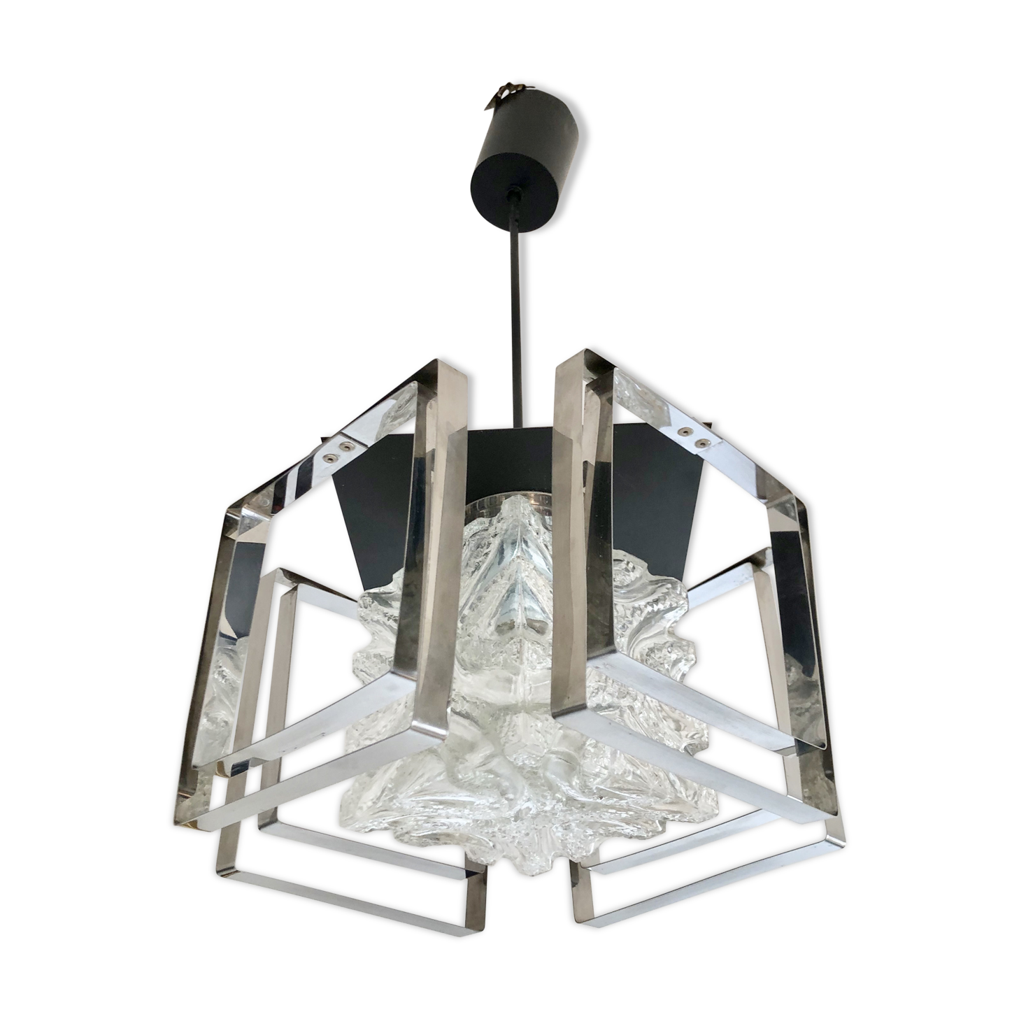 Glass and chrome hanging lamp 1970
