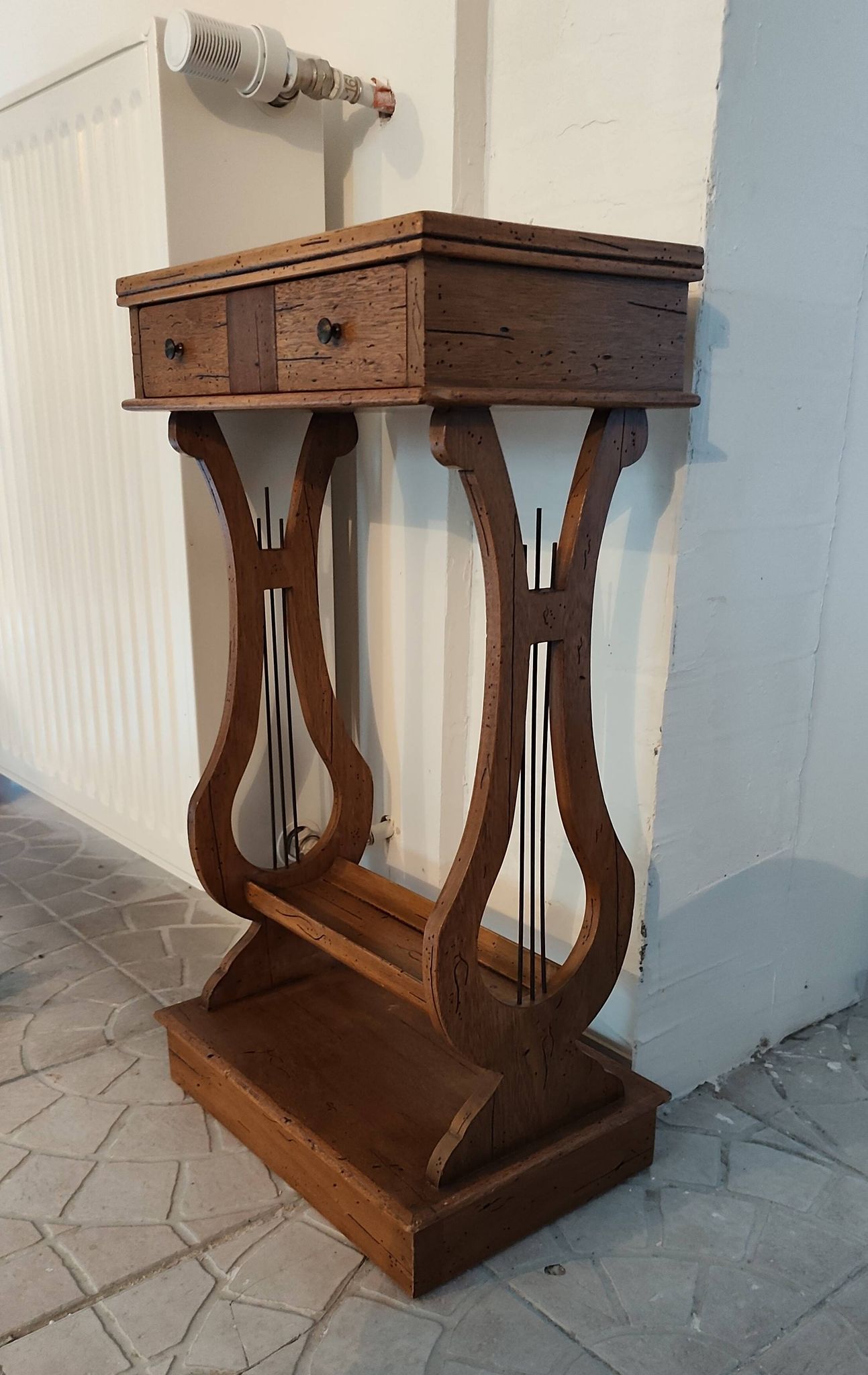 Lyre bedside table, cherry wood, 1960s.