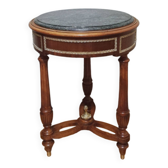 Pedestal table or side table in cherry wood and green marble