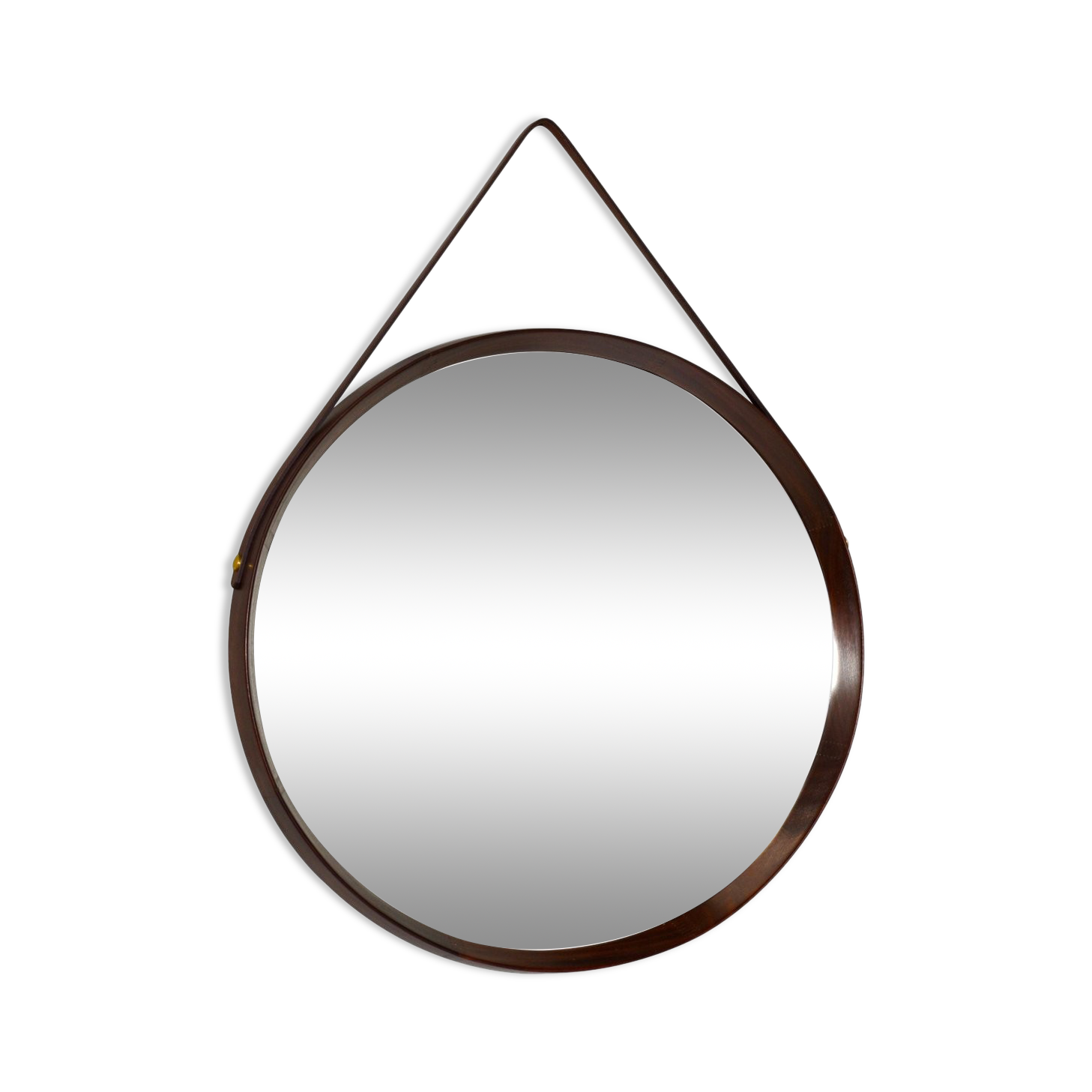 Italian round wall mirror in solid teak leather and brass 1950 68x53cm