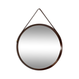 Miroir mural rond italien en teck massif cuir et laiton 1950 68x53cm