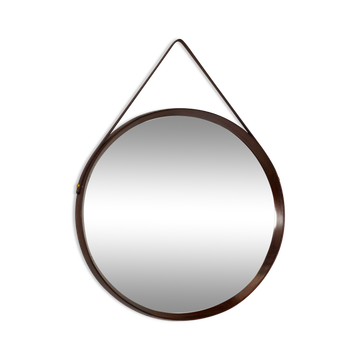 Italian round wall mirror in solid teak leather and brass 1950 68x53cm
