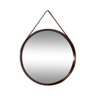 Italian round wall mirror in solid teak leather and brass 1950 68x53cm