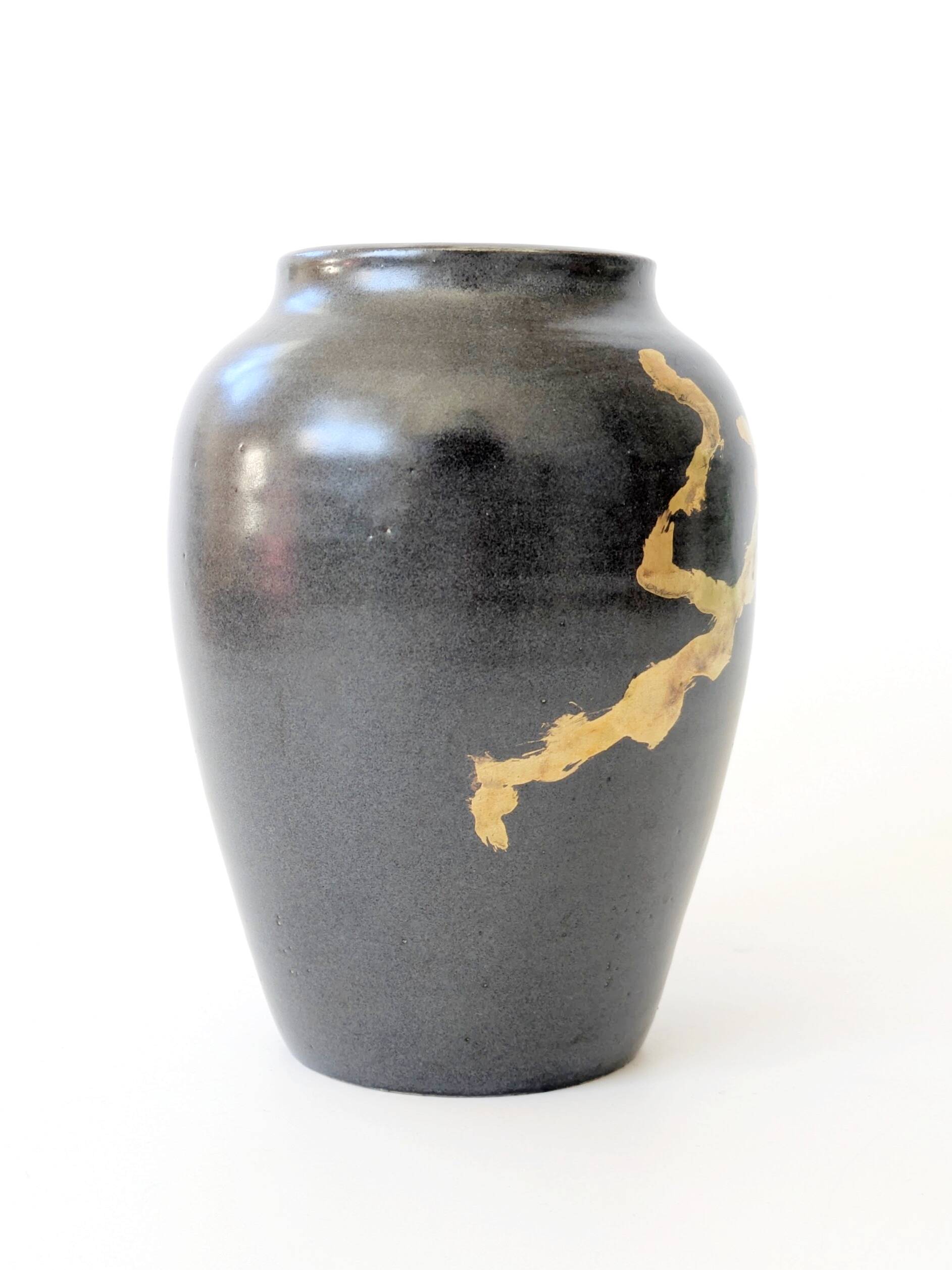 Vintage ceramic vase, black and gold, Japandi style