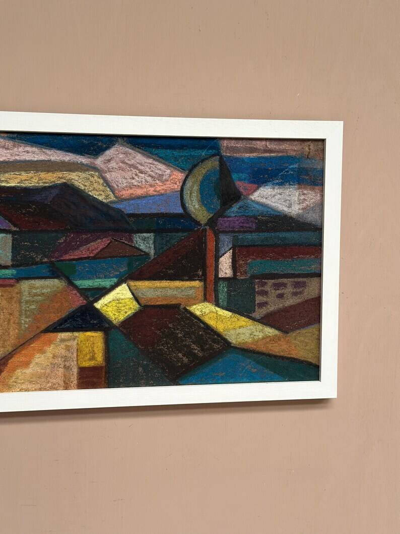 Large oil on panel by Josef Gustafsson, Cubist Landscape, Signed
