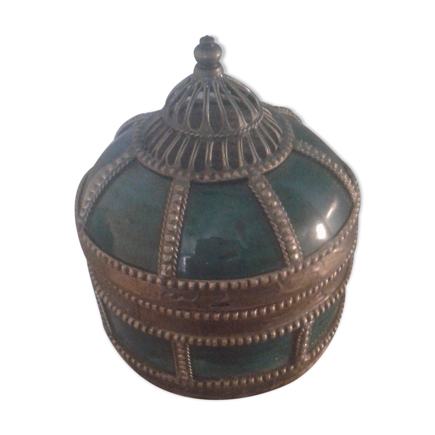 Ancient box in ceramic and enamel surrounded by brass