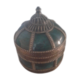 Ancient box in ceramic and enamel surrounded by brass