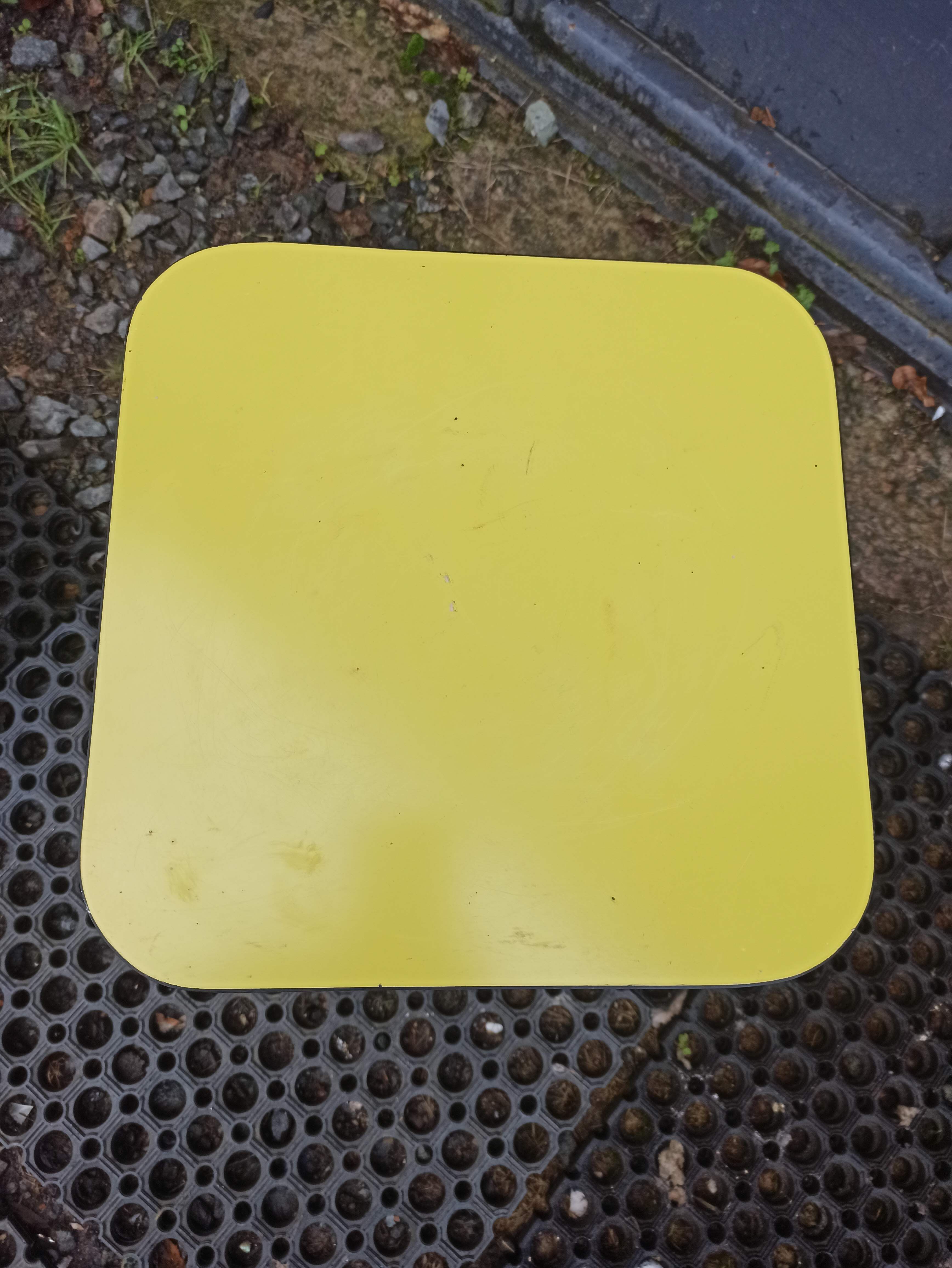 Oak stool and yellow formica