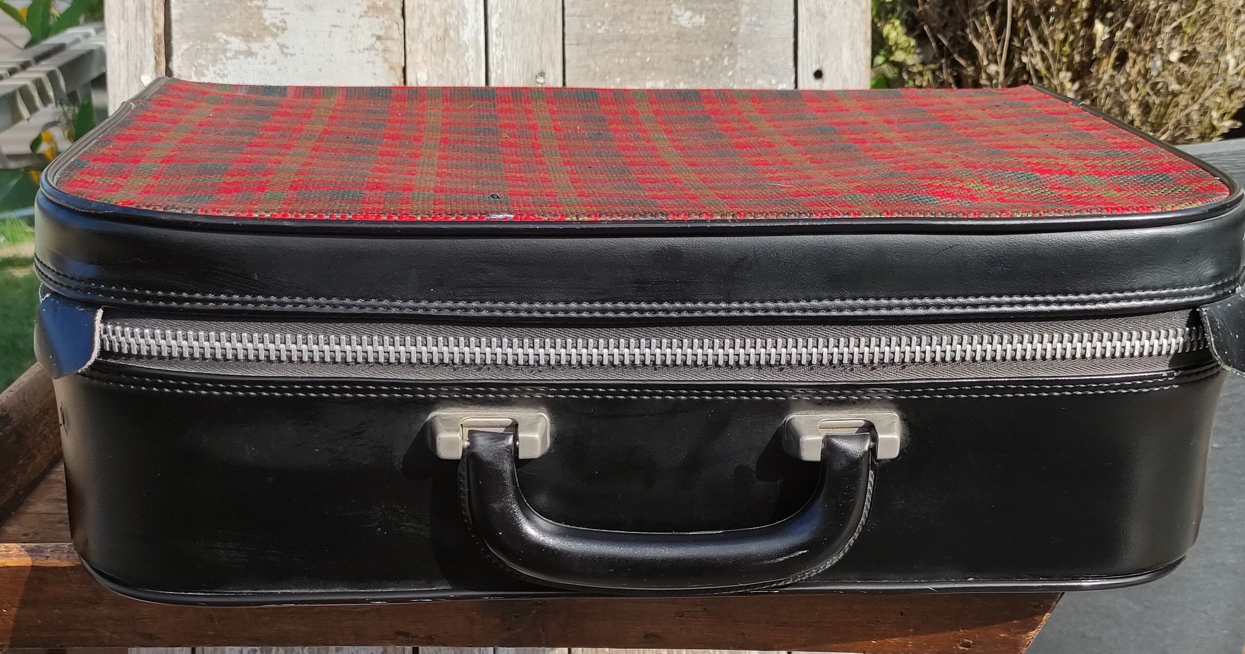 Vintage suitcase in red and skai Scottish fabric