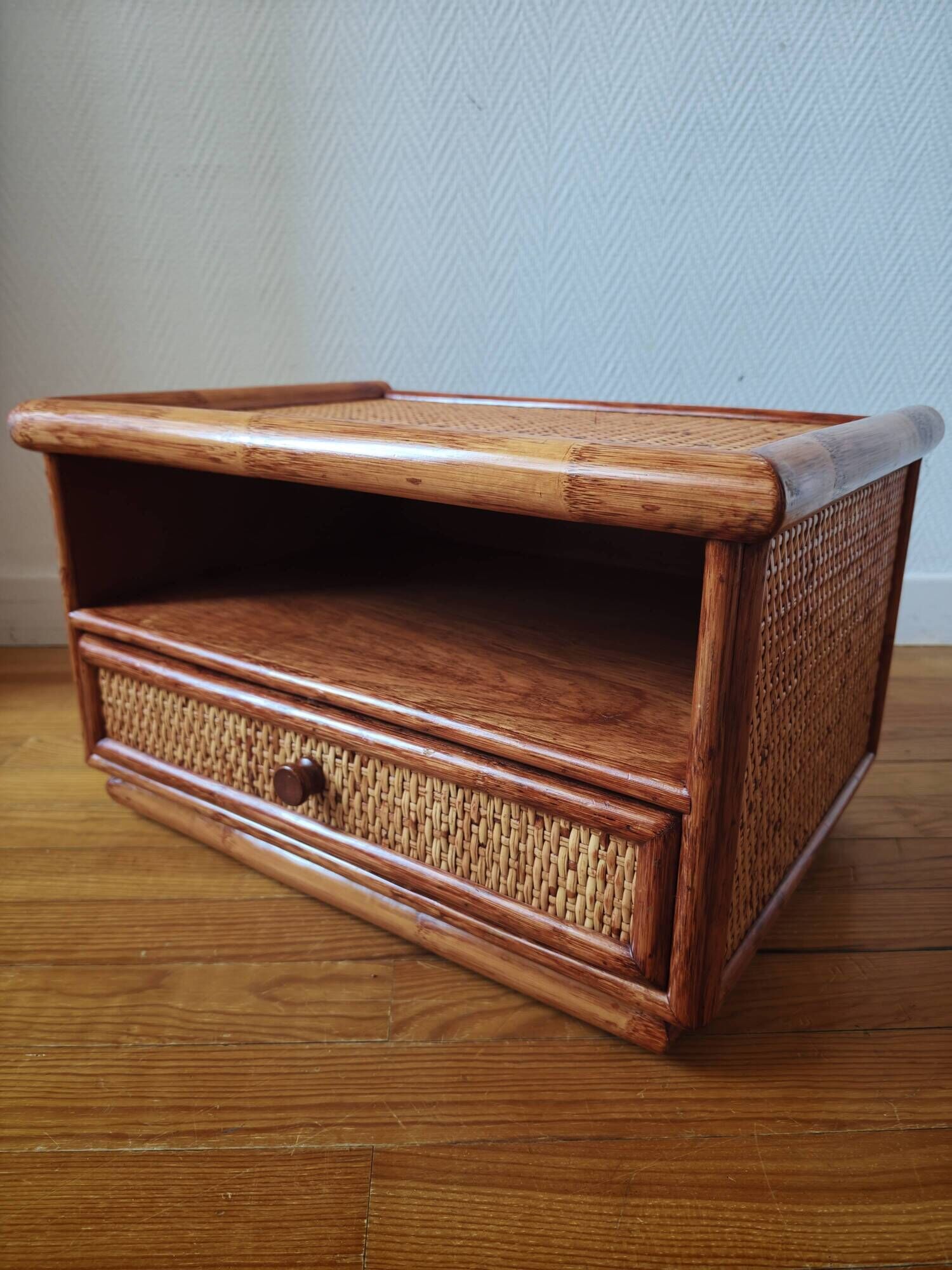 Rattan bedside table from the 1970s-80s.