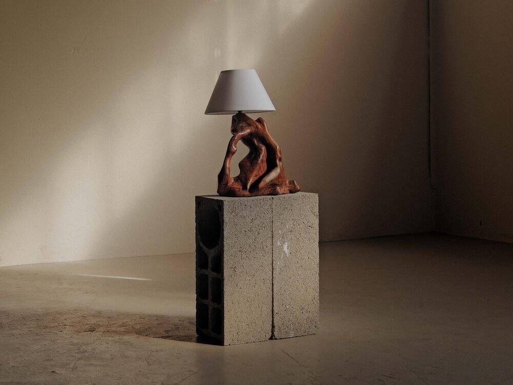 Sculptural lamp made of olive wood, around 1960.