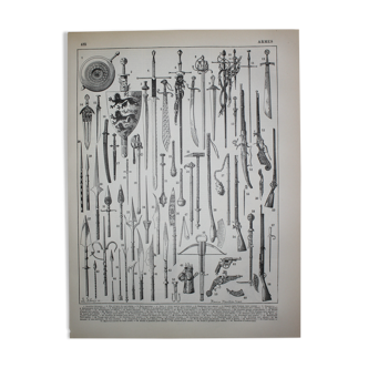 Gravure, Armes anciennes, épée, pistolet, couteau, originale de 1898