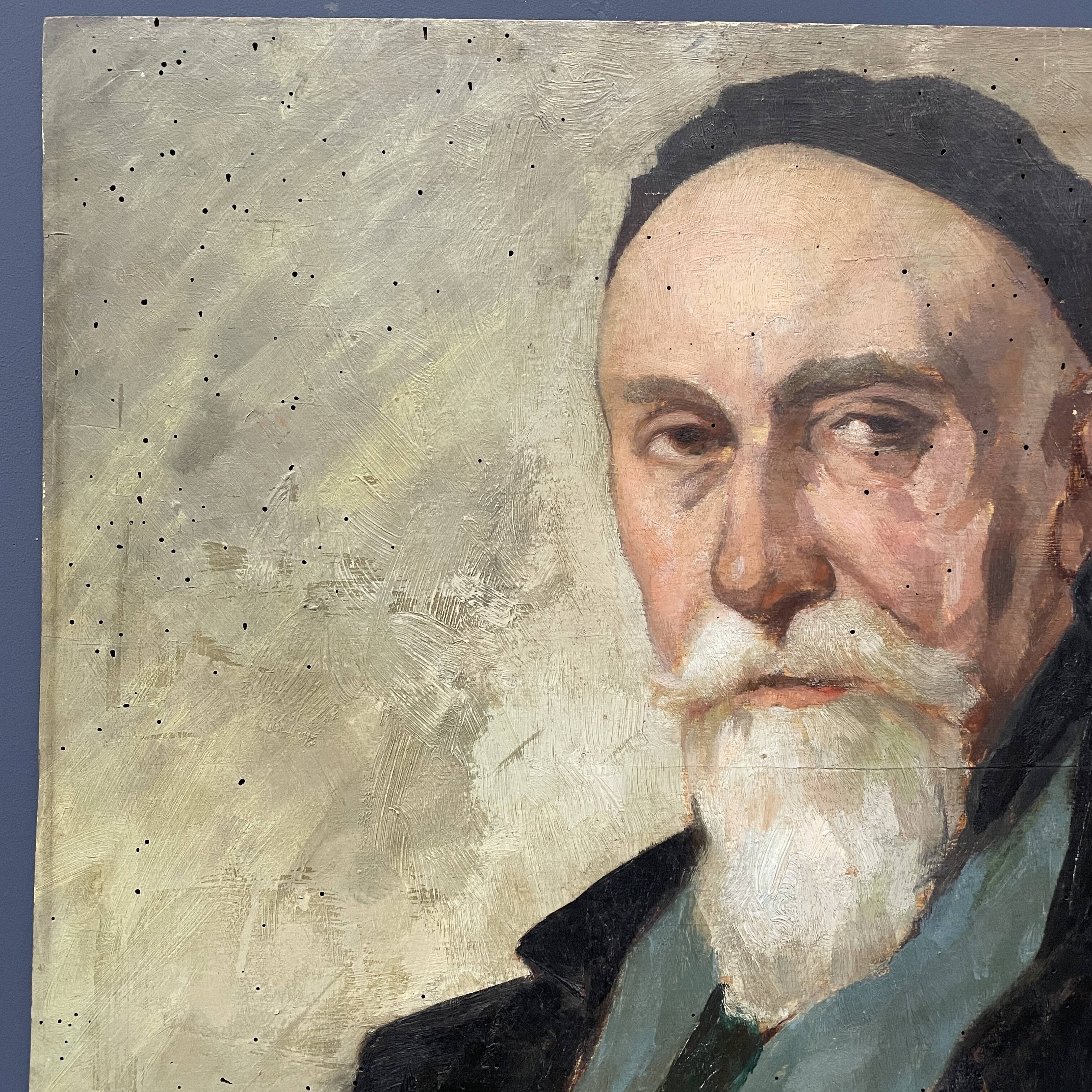 Old portrait of man painted on wooden panel