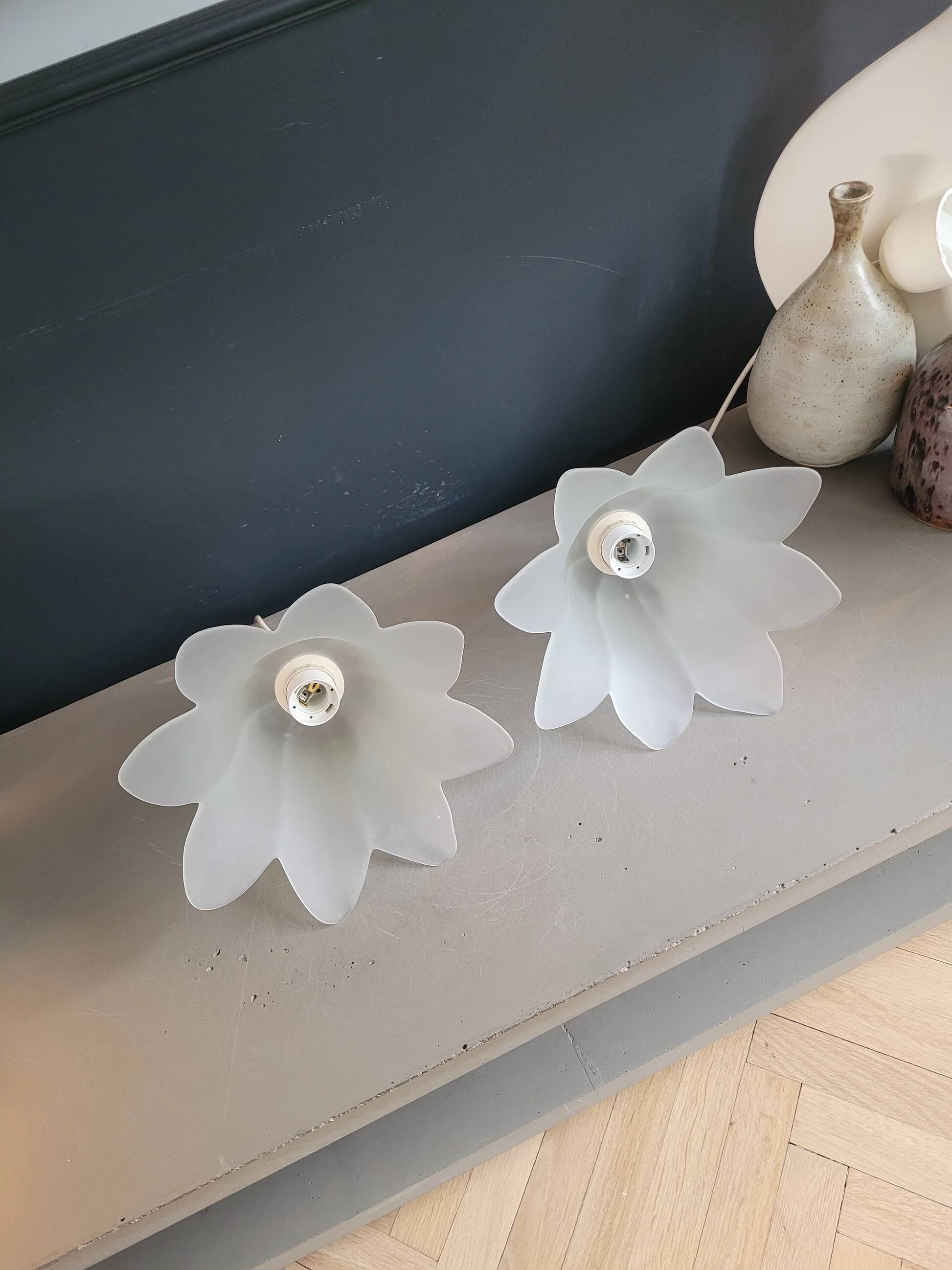 Pair of frosted glass flower pendant lights