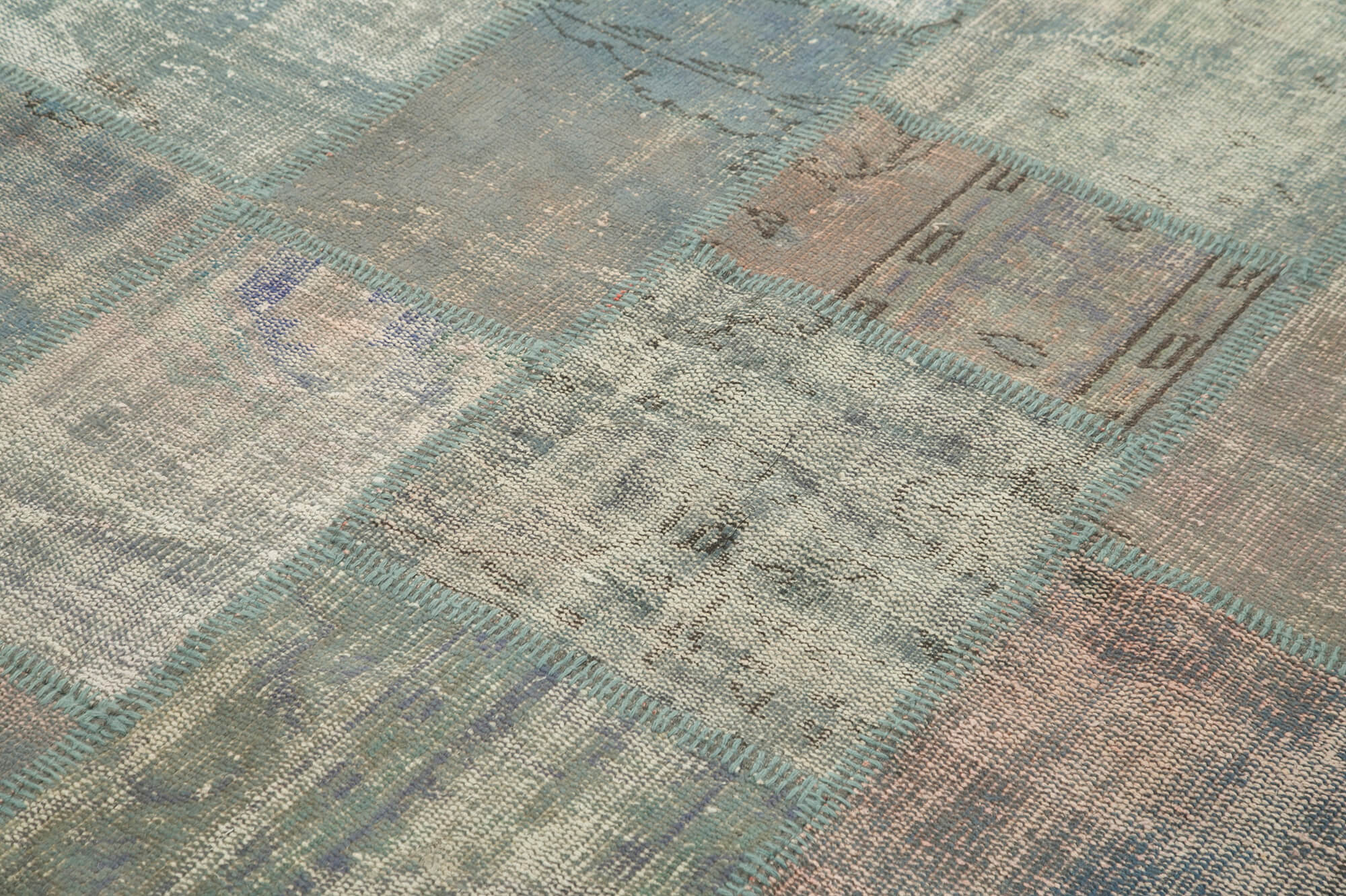 Handmade anatolian overdyed 177 cm x 246 cm blue patchwork carpet