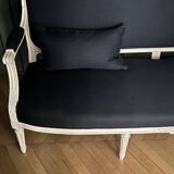 Louis XVI style bench with patina in navy fabric, 19th century