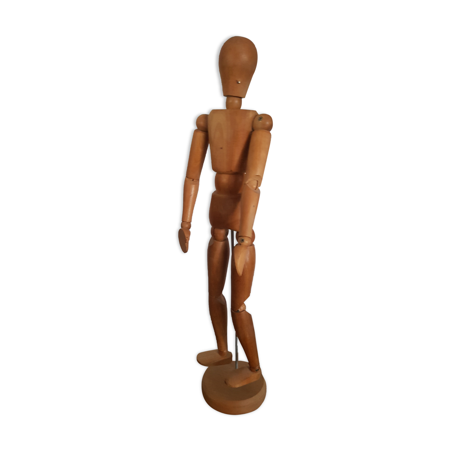 Articulated waxed wood puppet and 80's support