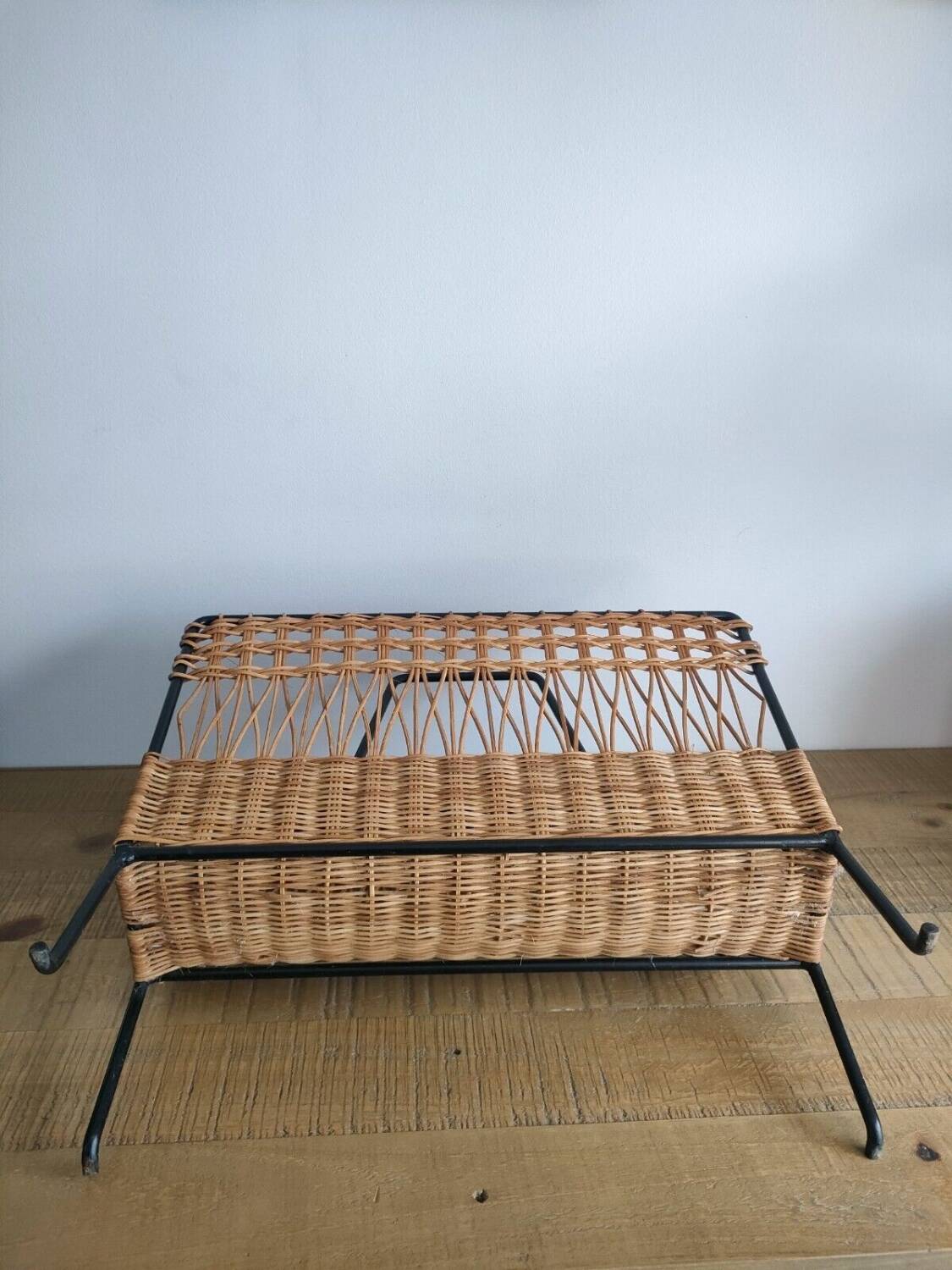 Iron and Rattan Magazine Rack - 1960s - Vintage