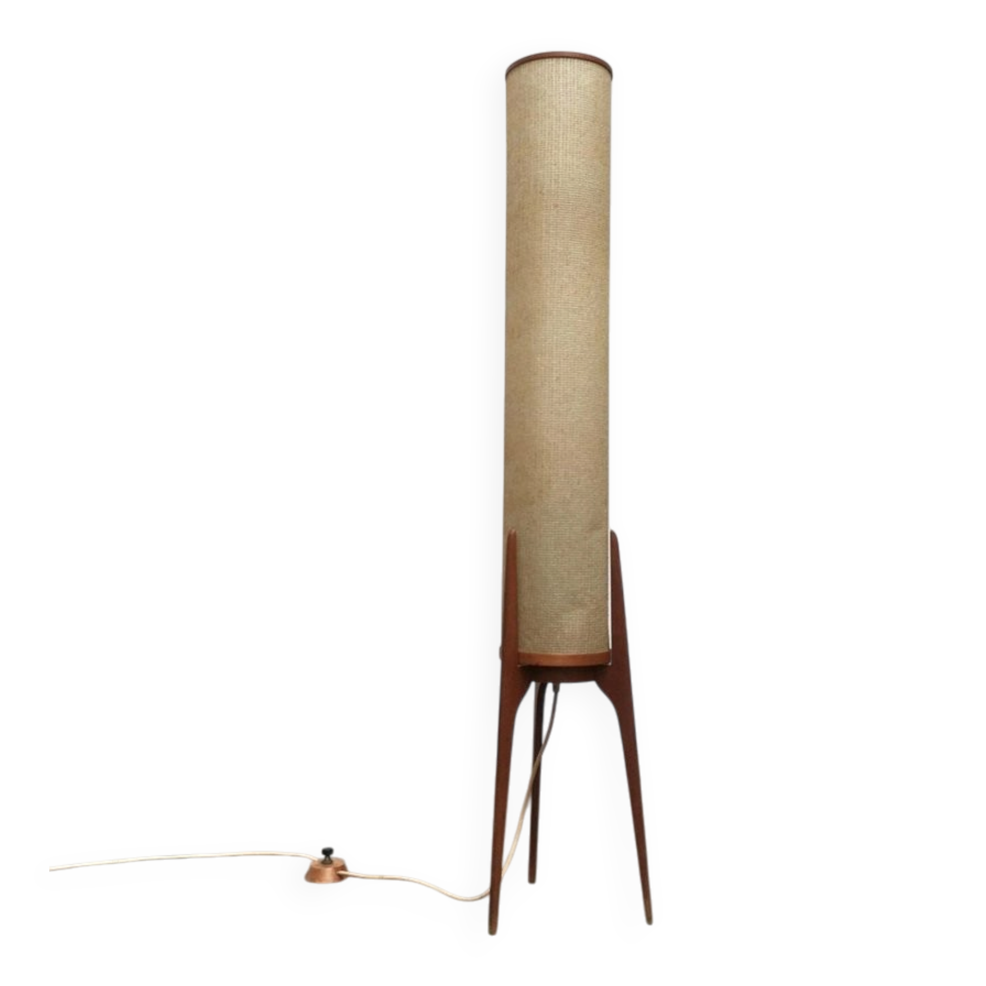Mid-century tripod rocket floor lamp in teak, 1960s.