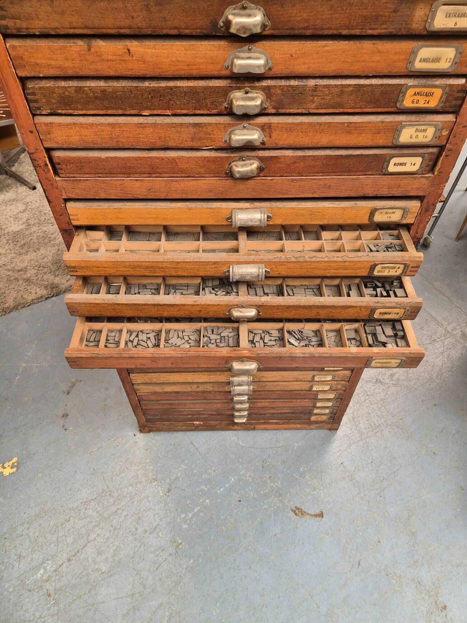 Wooden printing cabinet 36 drawers with typographic letters
