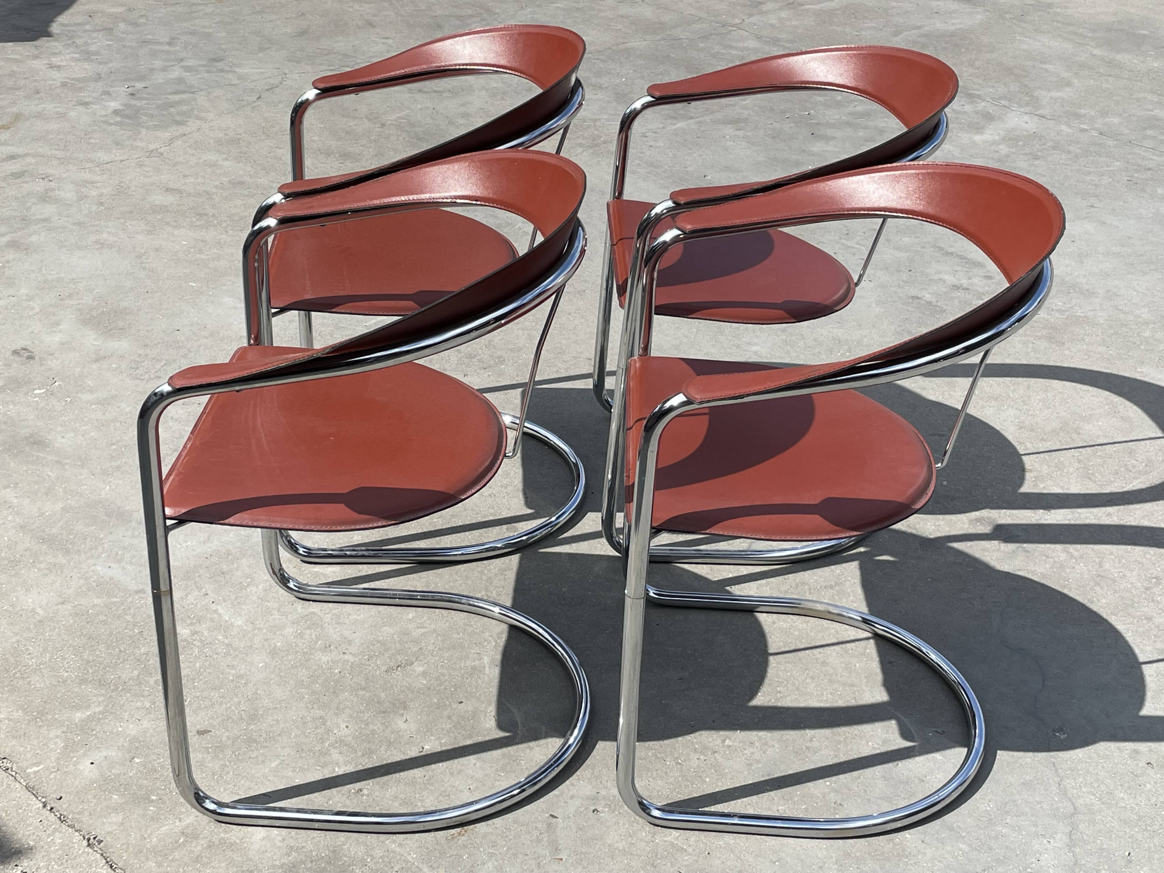 Set of 4 design cantilever chairs cognac leather and chrome design