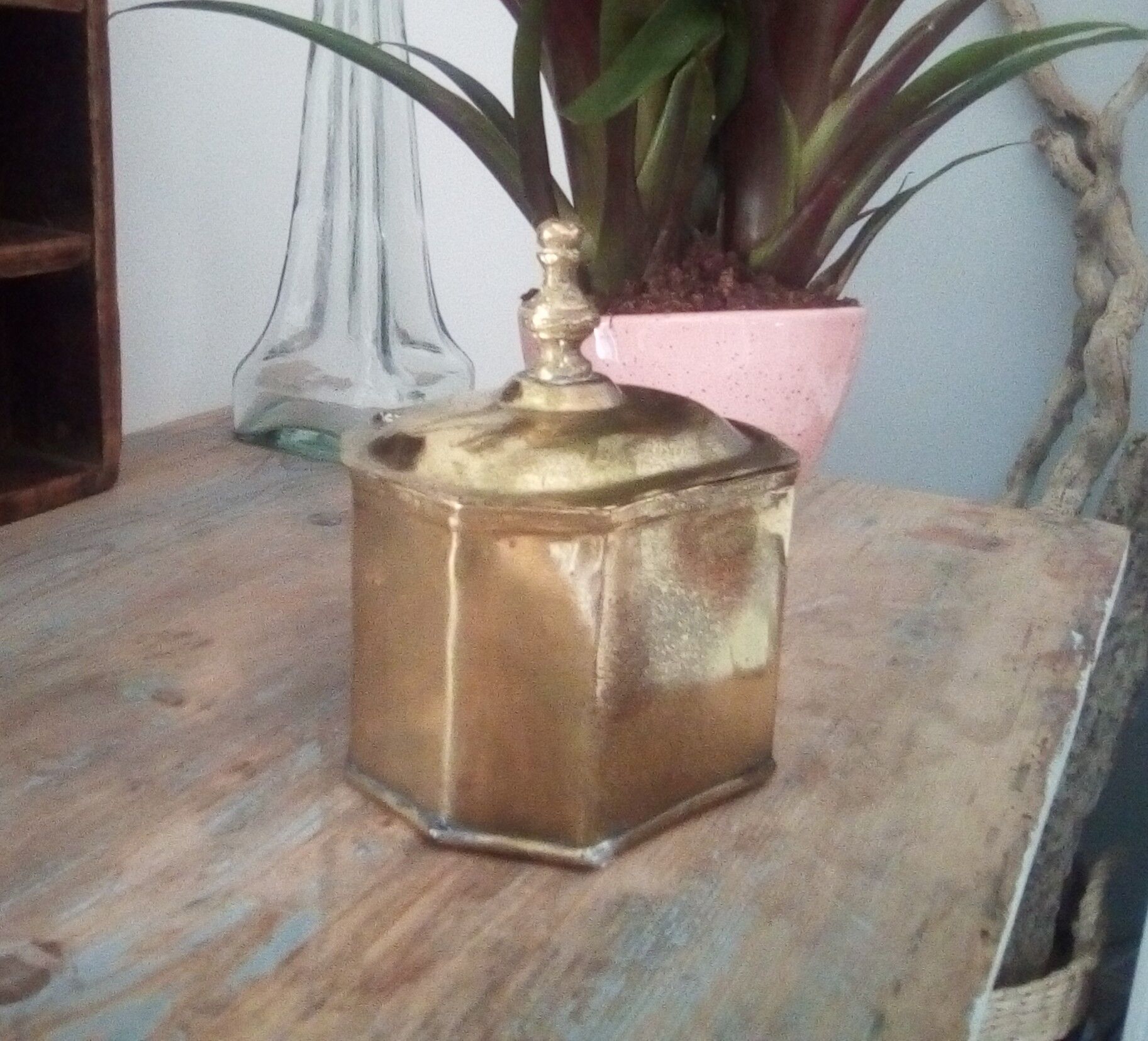 Old, oriental tea box in gilded copper