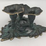 3-flower brass candlestick with green patina