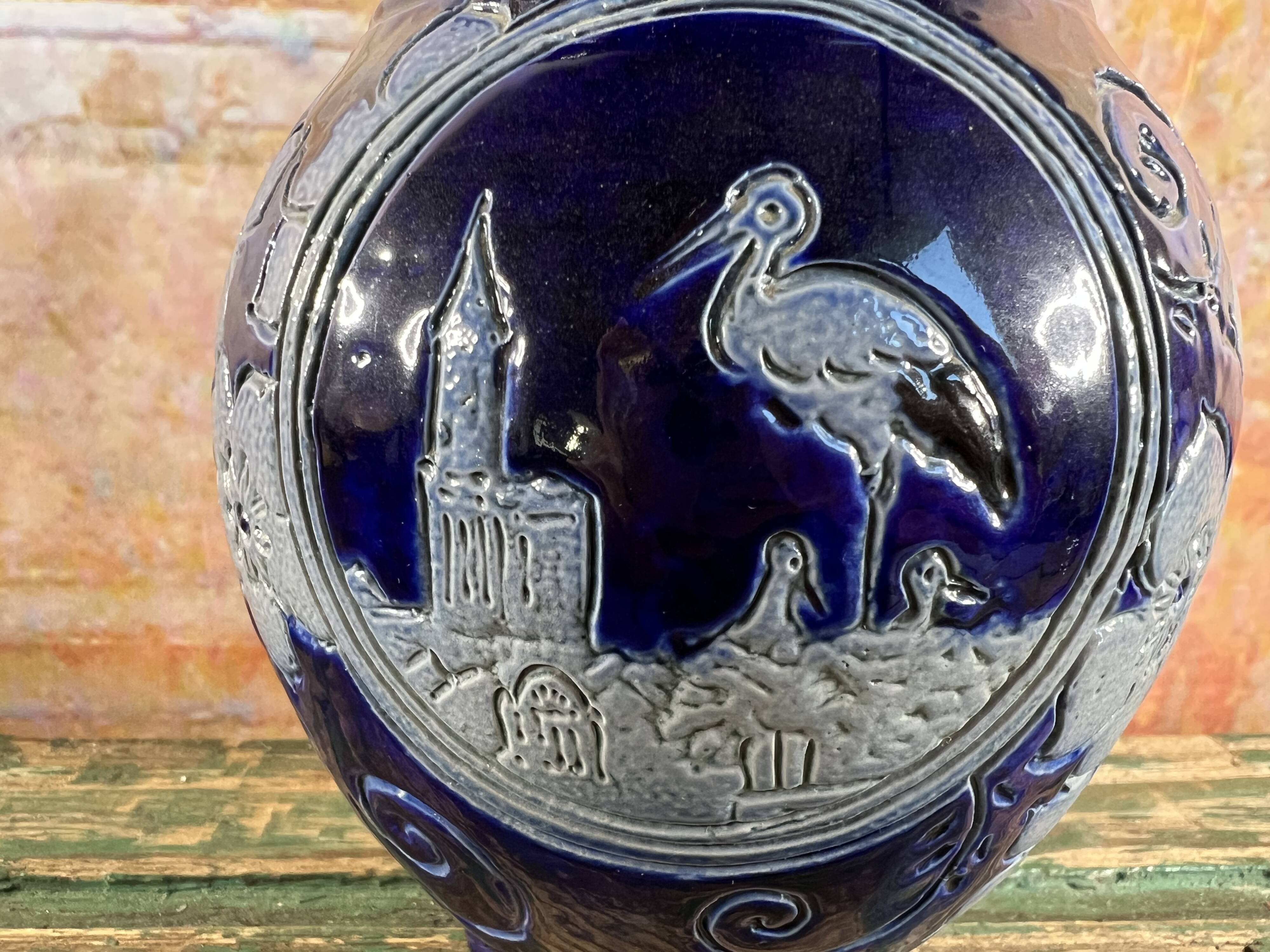 Antique Betschdorf stoneware vase Alsace stork decoration