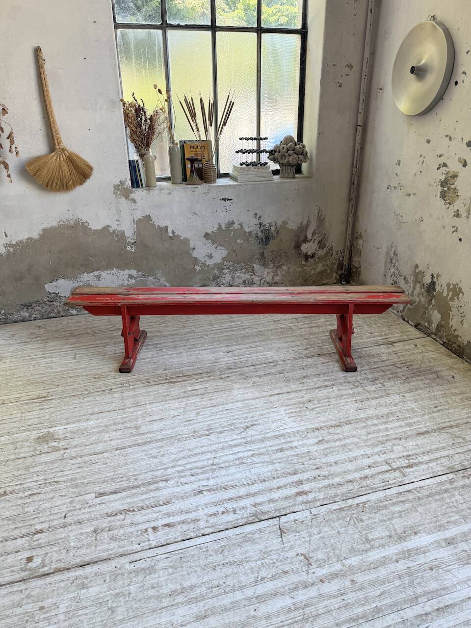1950s oak bench with red patina, 2m