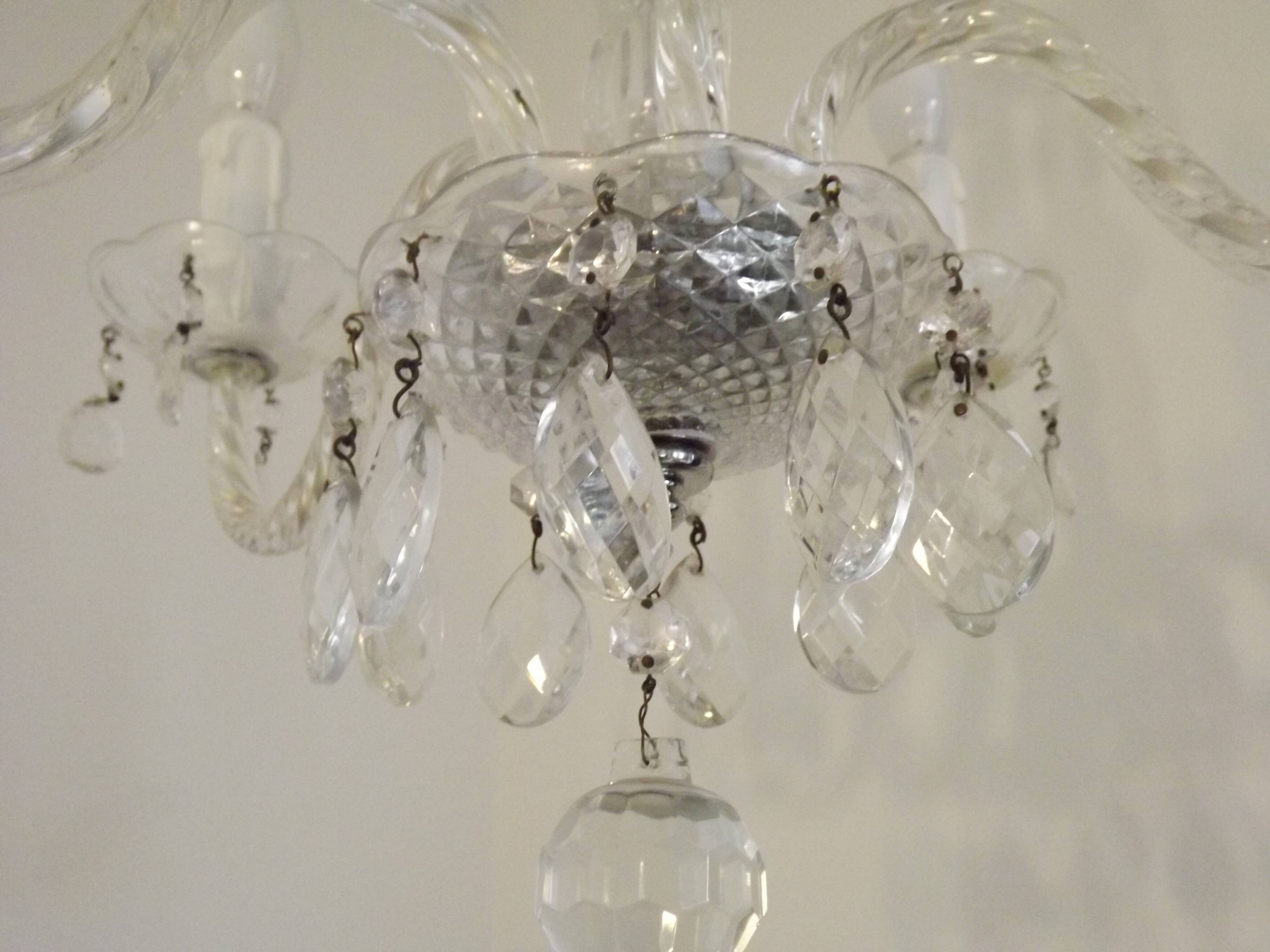 French Vintage  5 Light Barley Twist Glass and Crystal Chandelier