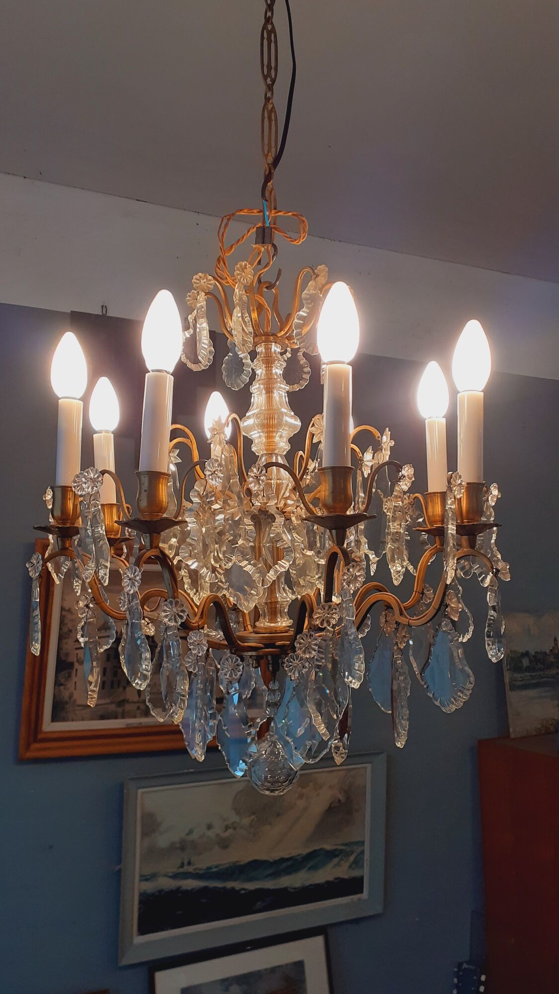 Chandelier cage with grapevines 8 lights Louis XV style in bronze and crystal around 1900