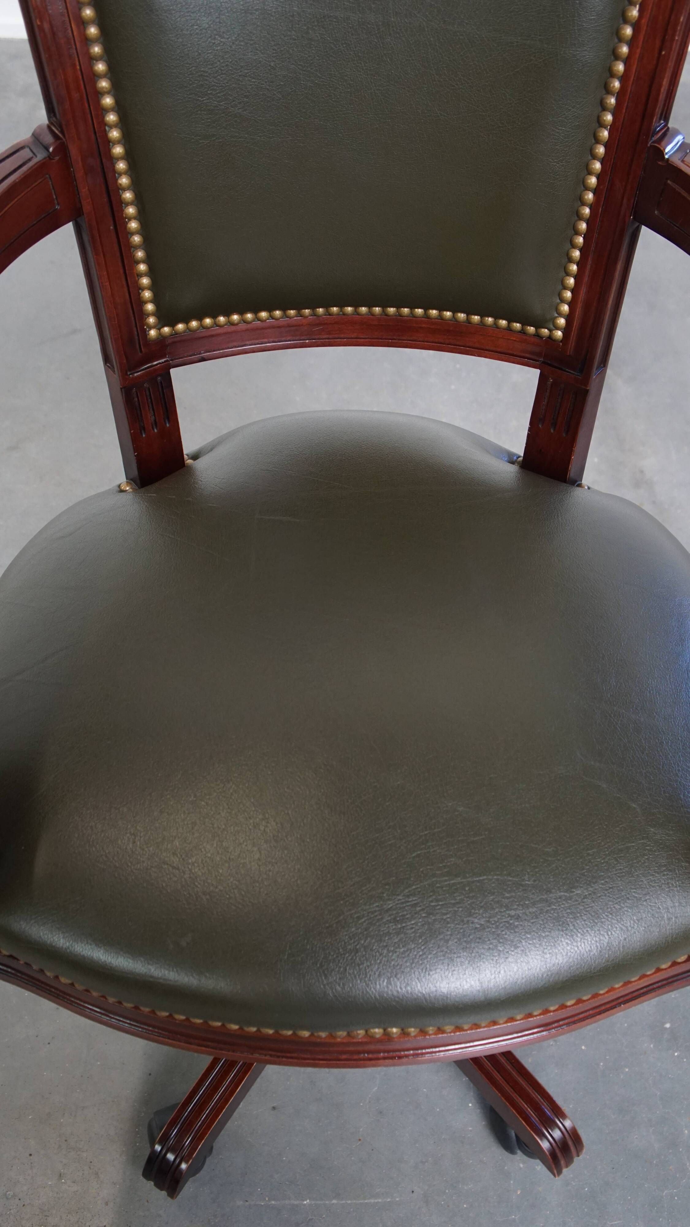 Green Cowhide Leather and Wooden Office Chair in English Style on Casters