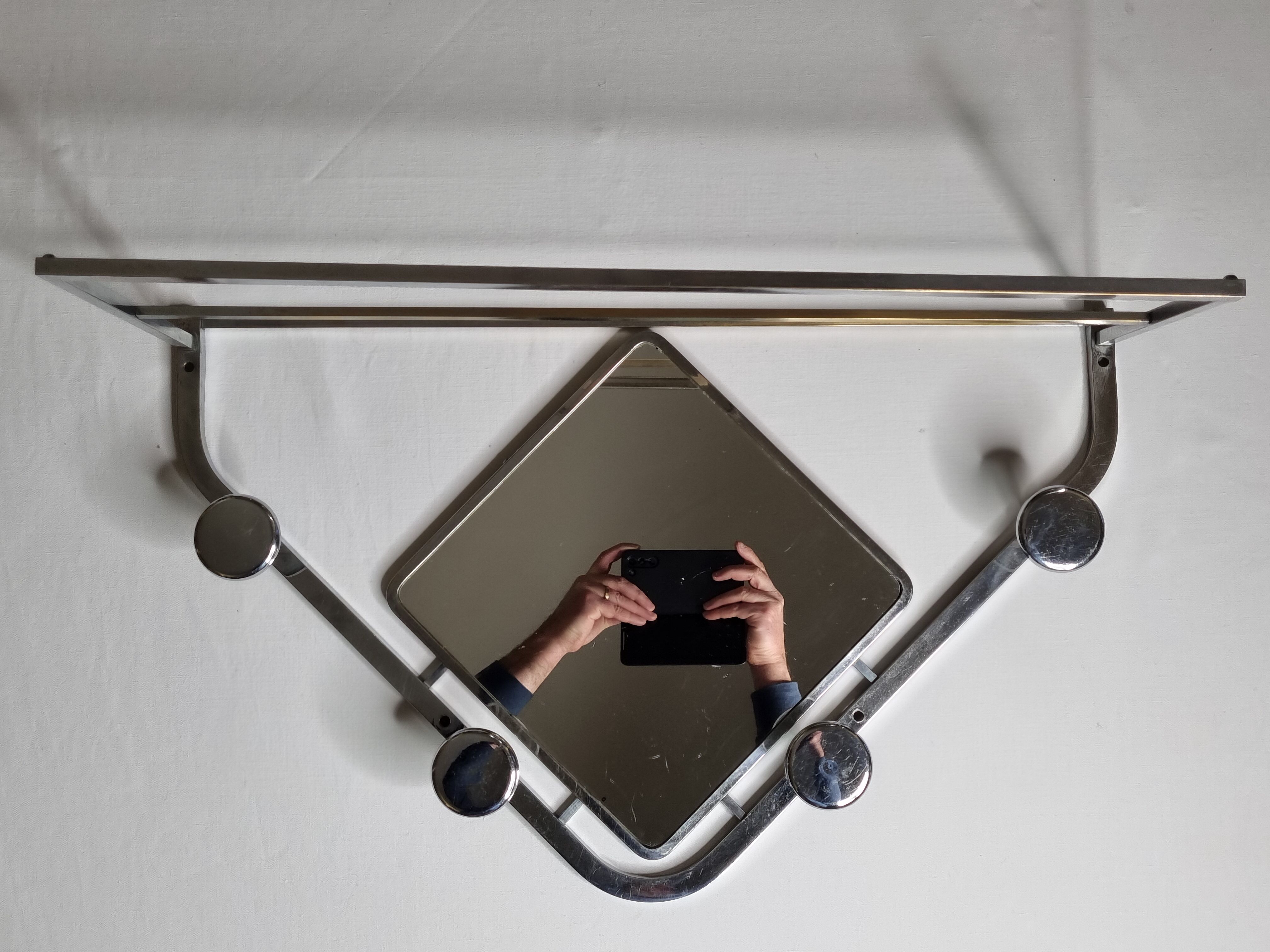 Wall mounted chromed metal coat rack with square mirror, 4 hooks and a hat rack, 50s