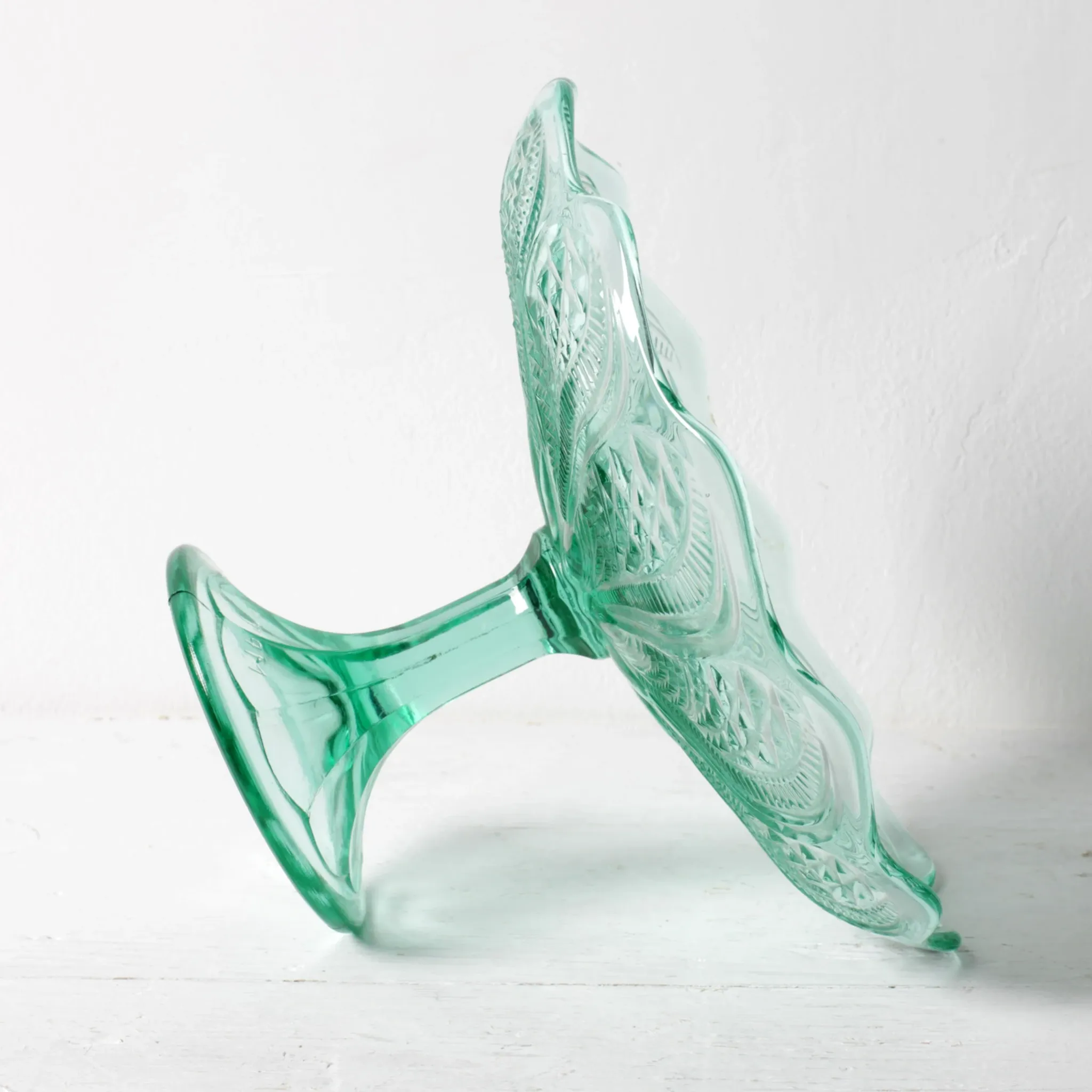 Pressed Glass Pedestal Bowl / Vintage Georgia Green Fruit Bowl / Ukraine /
