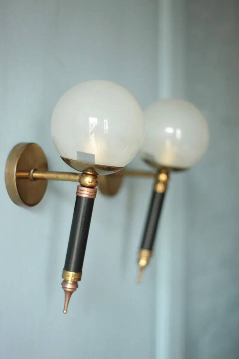 Pair of vintage wall sconces, brass sconce and opaque glass globe, vintage lamp, wall lamp, 50s.