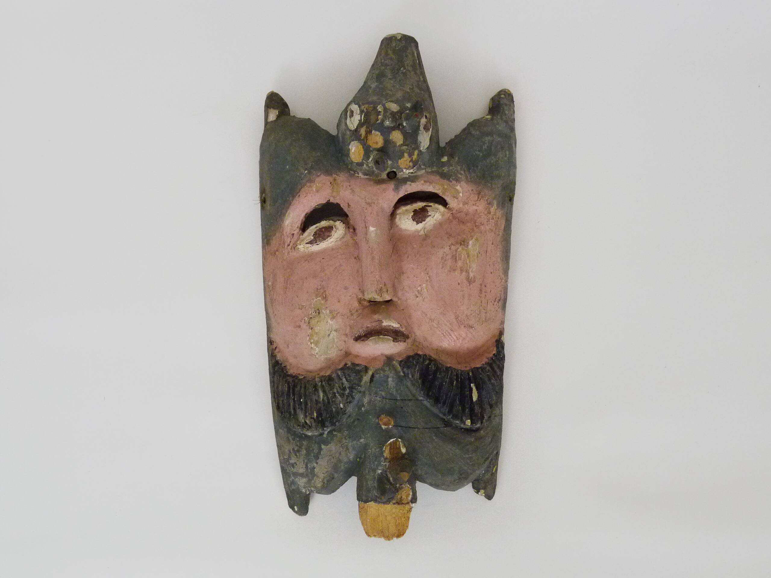 Ancien masque mexicain en bois sculpté polychrome. Années 50