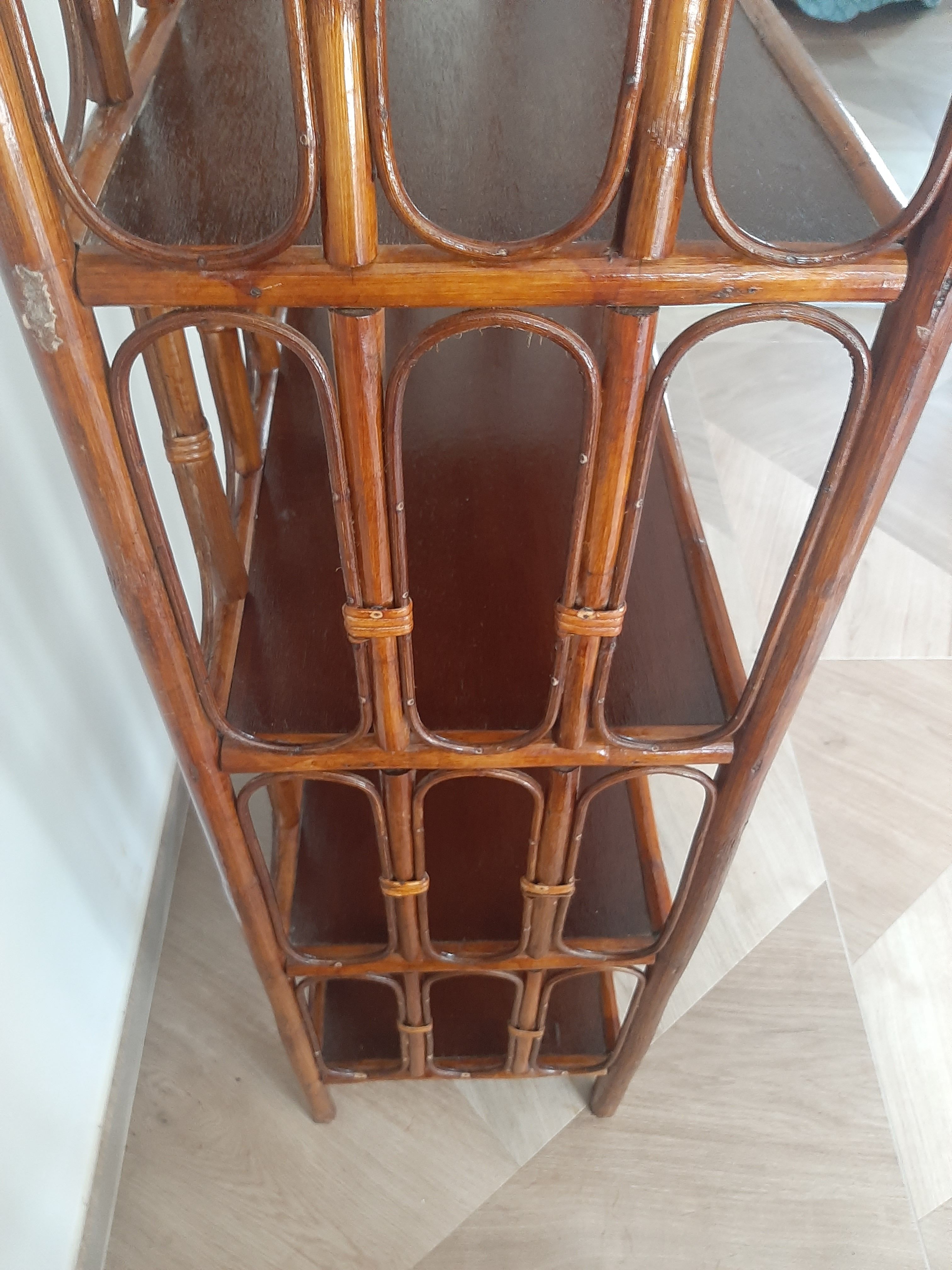 Vintage library 4 levels - wood, bamboo and rattan - retro 80s