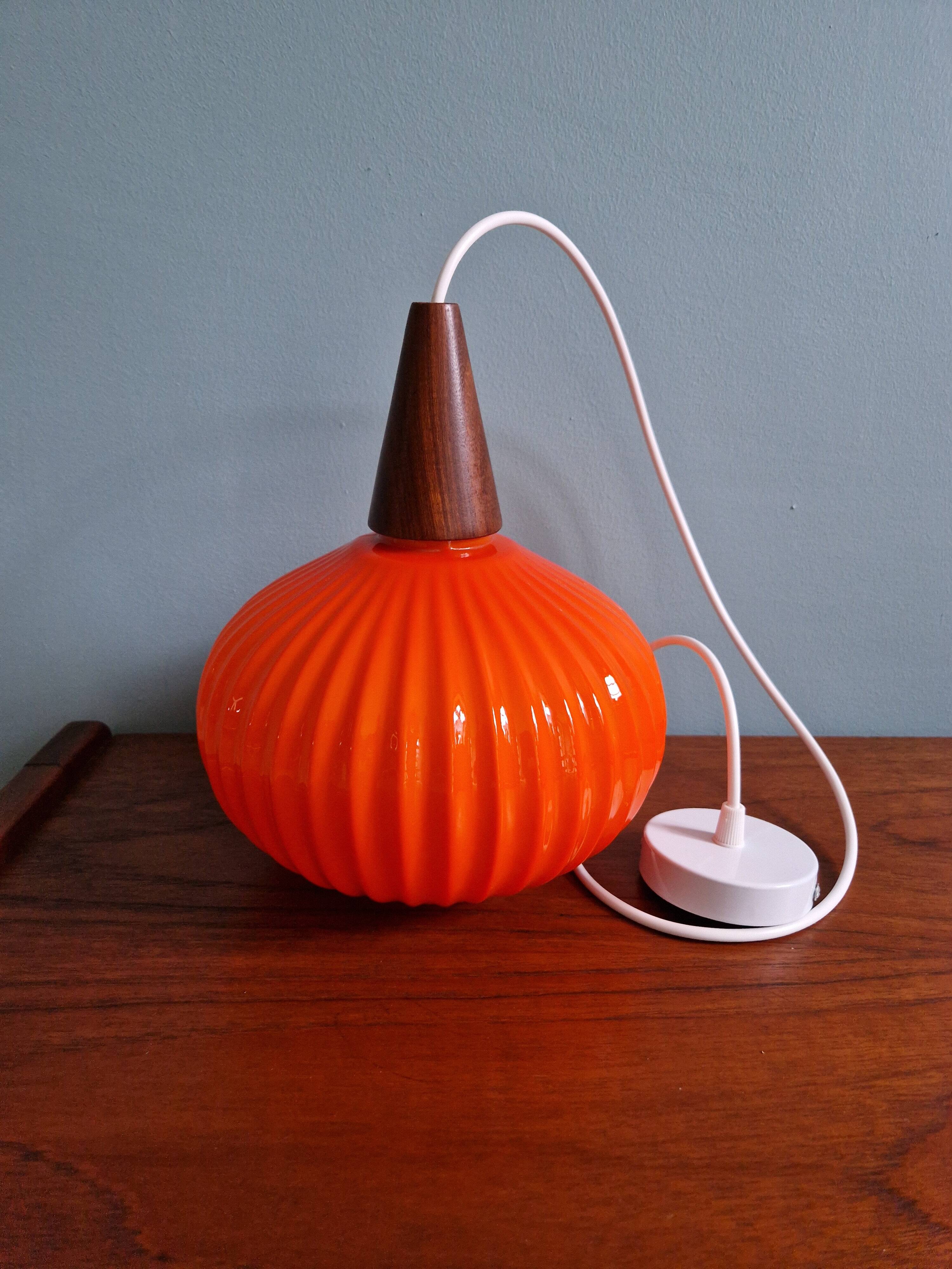 Teak and orange opaline suspension, Scandinavian style, 1960.
