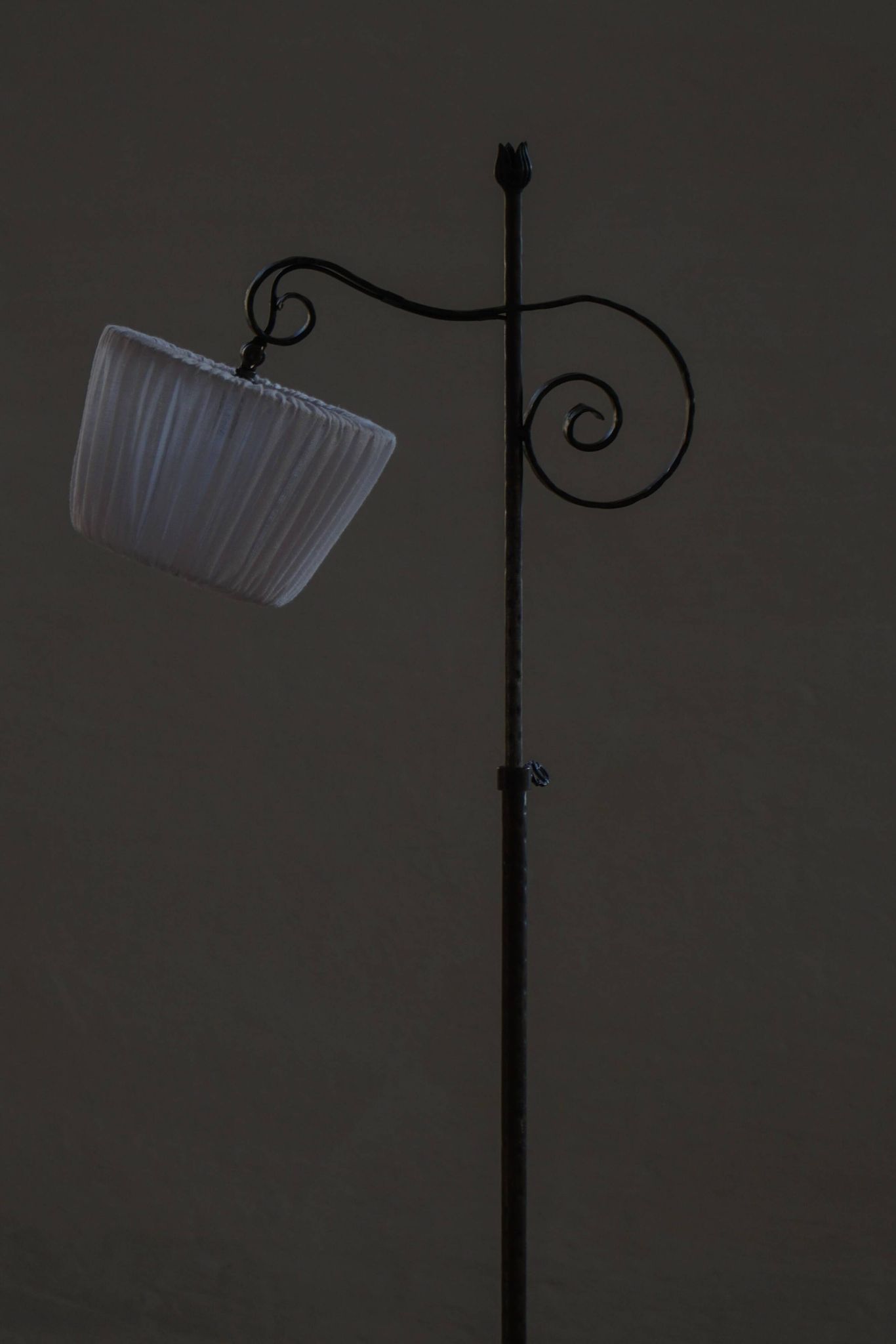 20th-century wrought iron floor lamp with swirling detail, Danish Art Deco.