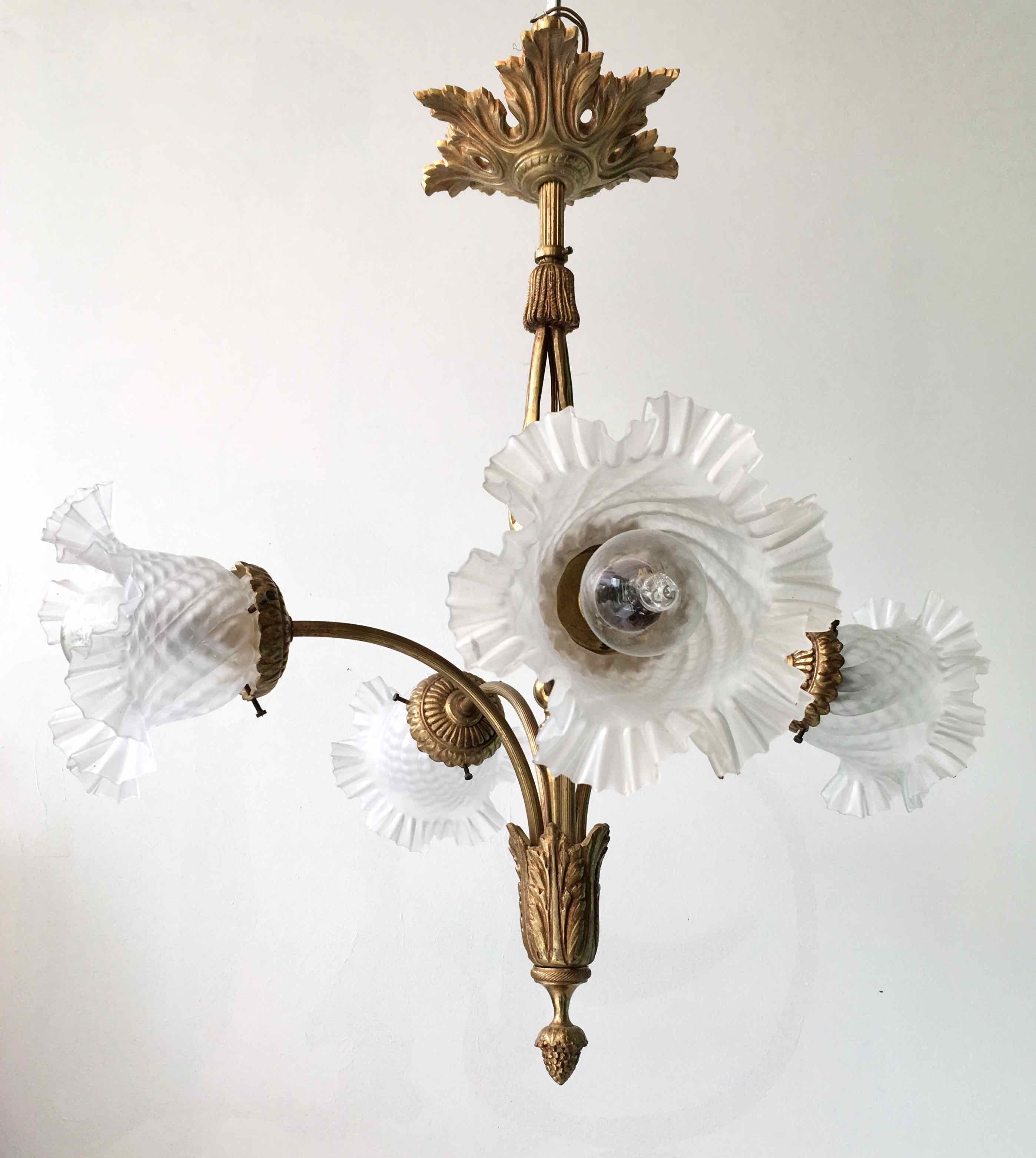 Art nouveau chandelier bronze and pressed glass