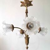 Art nouveau chandelier bronze and pressed glass