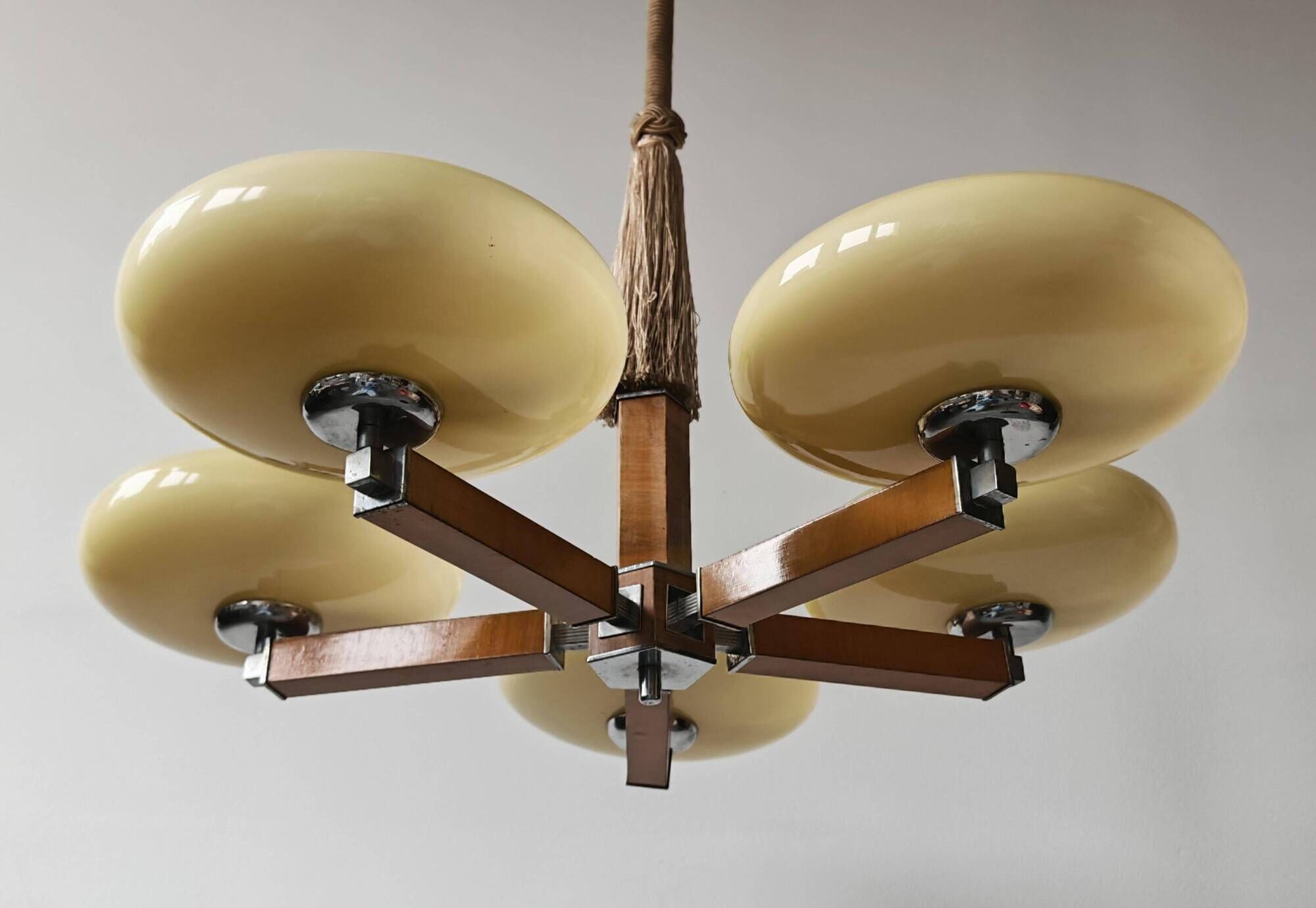 Art Deco Chandelier with 5 Arms and Round Shades from the 1930s