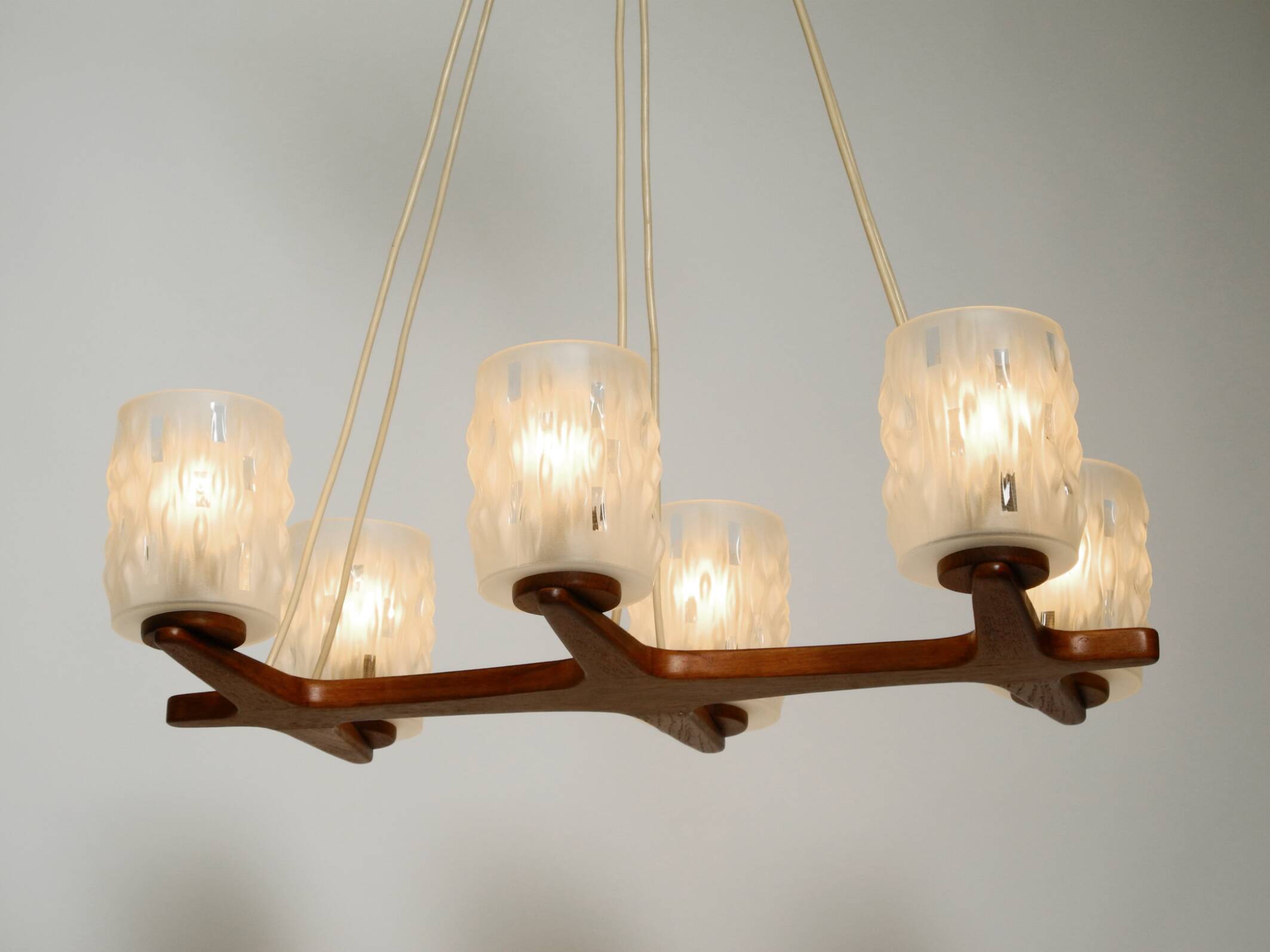Beautiful 6-armed Scandinavian 1960s ceiling lamp made of teak and with gla