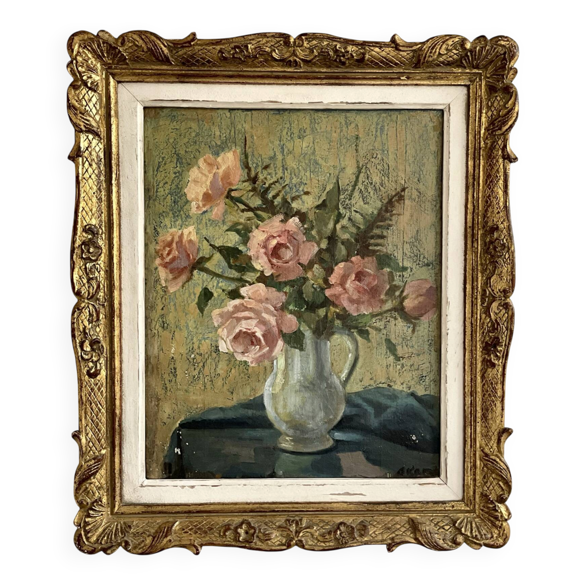 Huile sur panneau bouquet de roses signée Akar (?) dans son cadre doré