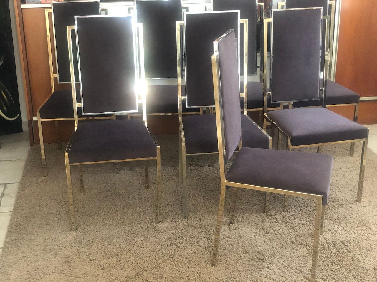 Set of 8 brass and alcantara chairs Romeo Rega 1970
