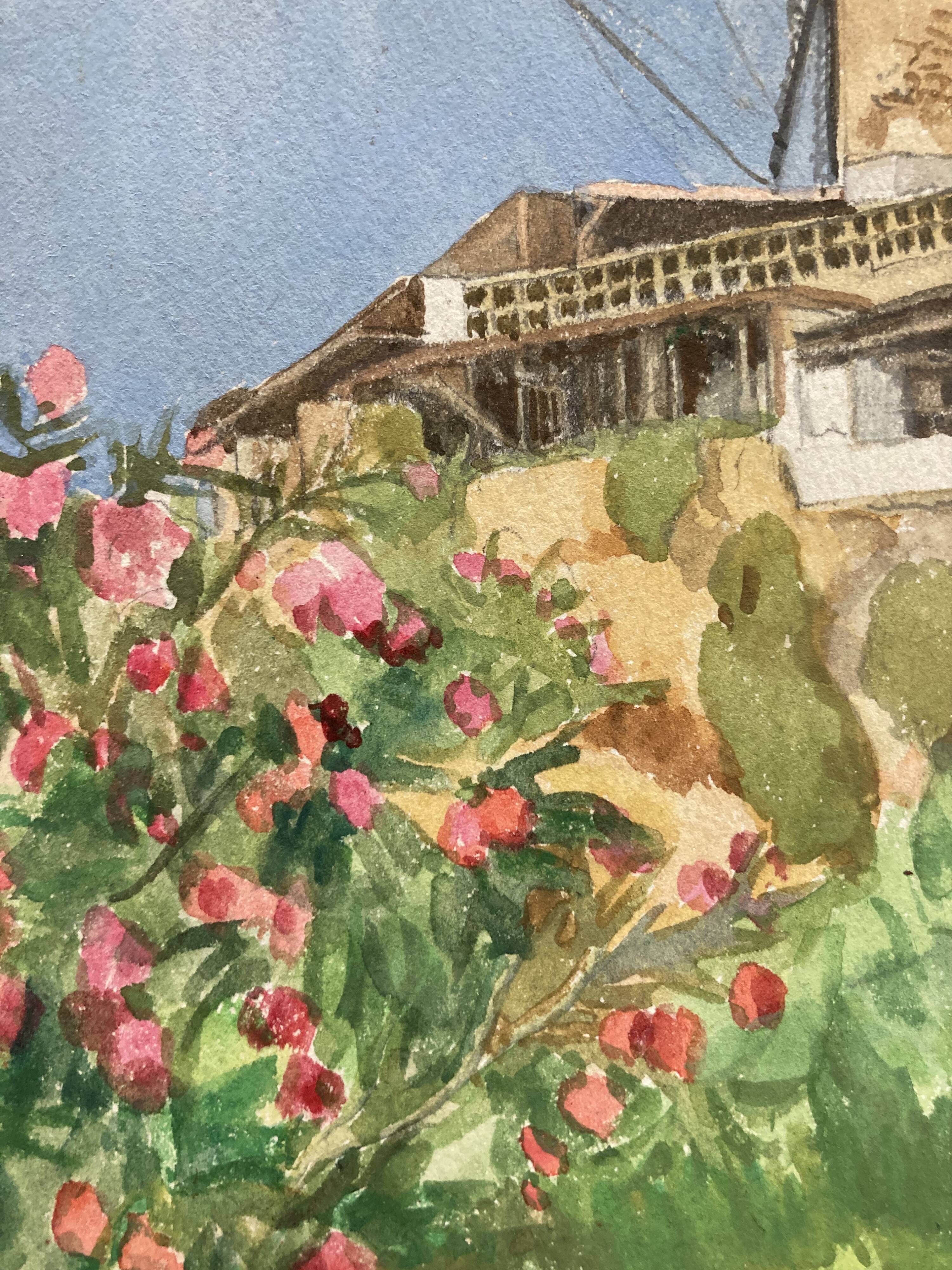 Watercolor landscape with vintage mills