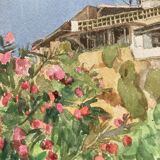 Watercolor landscape with vintage mills