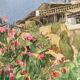 Watercolor landscape with vintage mills