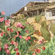 Watercolor landscape with vintage mills